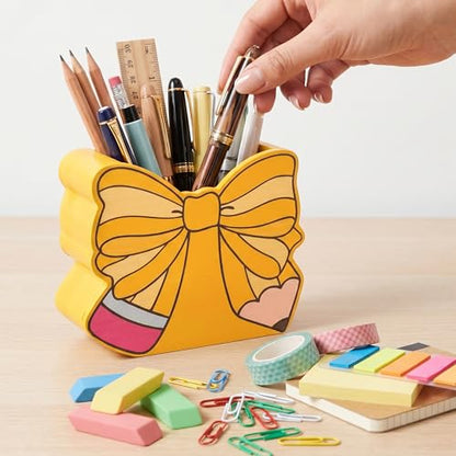 MALLMALL6 Bow Pencil Holder - Back to School Wooden Pen Holder, Cute Ribbon Caddy Case Gift for Kids Students Girls Women, Desktop Dispenser Storage Organizer for Classroom Teacher Office - style: Bow