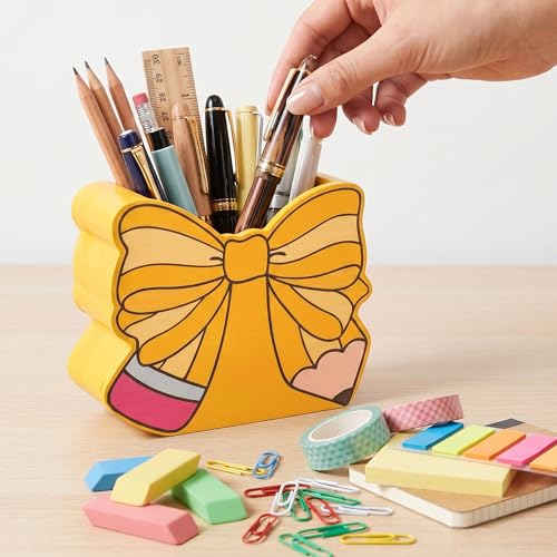 MALLMALL6 Bow Pencil Holder - Back to School Wooden Pen Holder, Cute Ribbon Caddy Case Gift for Kids Students Girls Women, Desktop Dispenser Storage Organizer for Classroom Teacher Office - style: Bow