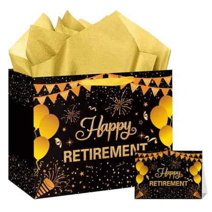 Hooqict Large Retirement Gift Bag Black Gold Happy Retirement Party Gift Bag with Handles, Wrapping Paper, Greeting Card for Men Women Coworker Teacher Farewell Going Away Party Favors - color: Retirement