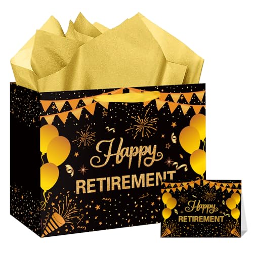 Hooqict Large Retirement Gift Bag Black Gold Happy Retirement Party Gift Bag with Handles, Wrapping Paper, Greeting Card for Men Women Coworker Teacher Farewell Going Away Party Favors - color: Retirement