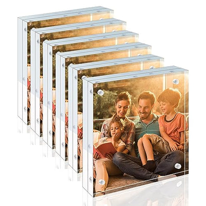 Egofine 4x4 Acrylic Frames 6 Pack, 20mm Thicker Frameless Clear Picture Frames, Double Sided Magnetic Picture Frames, Free Standing Desktop Display - color: 6, size: 4x4