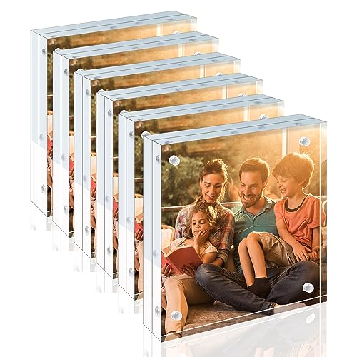 Egofine 4x4 Acrylic Frames 6 Pack, 20mm Thicker Frameless Clear Picture Frames, Double Sided Magnetic Picture Frames, Free Standing Desktop Display - color: 6, size: 4x4