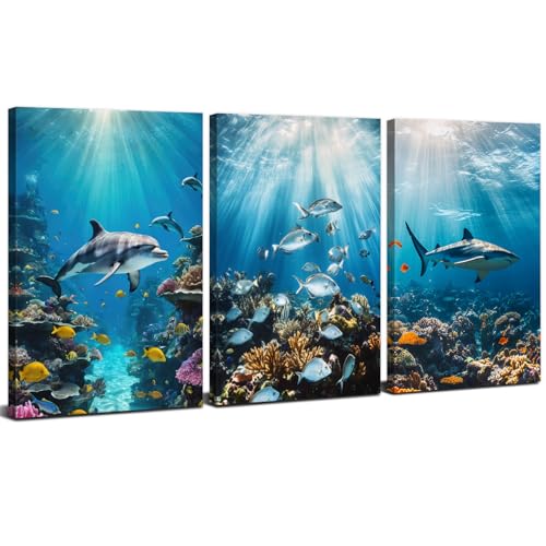 Beach Dolphin Wall Art Blue Ocean Bathroom Wall Decor Under Sea World Photo Prints Kids Bathroom Fish Shark Canvas Pictures Coastal Seascape Artwork for Living Room Bedroom Home Decorations 12x16" 3P - color: Dolphin Shark, size: 12"l X 16"w