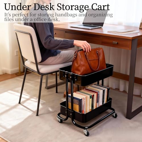2 Tier Cart with Wheels Heavy Duty Metal Rolling Storage Cart for Under Desk Storage, Short Small Utility Shelf for Pantry Kitchen Bathroom Laundry, Home Organizer with Large Basket, Black - color: Black-1, size: 2-tier