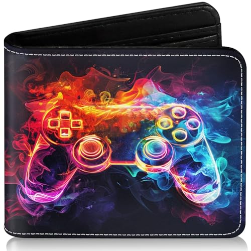EXXBYELI Boys Novelty Wallets Game Controllers Pattern, Funny Boys Gamer Wallets for Kids Ages 5-7 8-10 9-12 13-15 with Credit Id Card Cash Holder Black Rfid Blocking Zipper For Teen Birthday Gifts - color: game-Purple blue gamepad