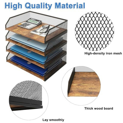 Natwind 4-Tier Stackable Metal Mesh Paper Organizer with Sliding Tray,Retro | Wooden Desk Organizer, Letter Tray For Desktop,File Holder For Home Office School Classroom Organization - size: 4 Tier