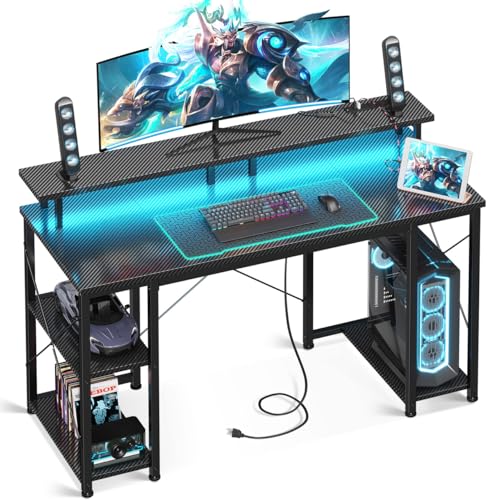 ODK 48 inch Computer Desk with Power Outlets & LED Lights, Gaming Desk with Monitor Stand & Storage Sheves, Home Office Desk, Carbon Fiber Black - color: Carbon Fiber Black, size: 48 inches