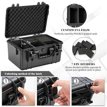 Graded Card Case, Trading Card Storage Box, Waterproof Card Slab Carrying Case for 72+ PSA, CSG, BGS, SGC Sports Trading Cards with 7 EVA Foam - size: L (holds 72+ Graded Cards-waterproof)