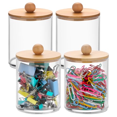 BTSKY 4 Pack PaperClip Holders with Bamboo Lid, Round Binder Holder for Desk, Clear Paper Clip Dispenser Small Office Supply Accessory Organizer Qtip Holder for Office Bathroom Vanity, Clear