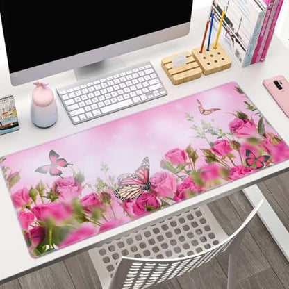 Mouse Pad Gaming, Large Mouse Pads for Desk, Keyboard Mouse Mat Desk Pad, Non-Slip Rubber Base with Stitched Edges Mousepad, 31.5x11.8in Roses Butterfly - color: Roses Butterfly