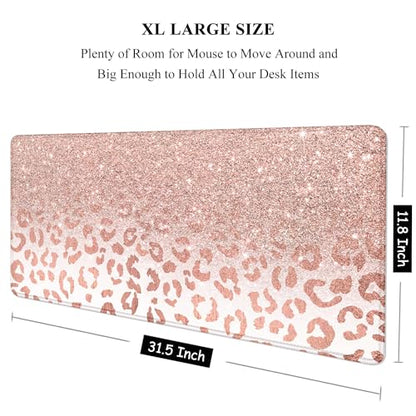 Auhoahsil Large Mouse Pad, XXL Desk Pad, Extened Mousepad 31.5" x 11.8", Non-Slip Rubber Base, Stitched Edges, Superior Surface, Gaming Keyboard Mat, Waterproof Desk Pad, Pink Gold Leopard - color: 10 Pink Gold Leopard, size: XL - 11.8 x 31.5 Inches