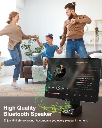 Gifts for Men Cell Phone Stand with Wireless Bluetooth Speaker and Wireless Charger, Phone Charger Stand with Digital Alarm Clock for iPhone, Birthday Gifts for Men,Boyfriend,Dad,Women,Christmas