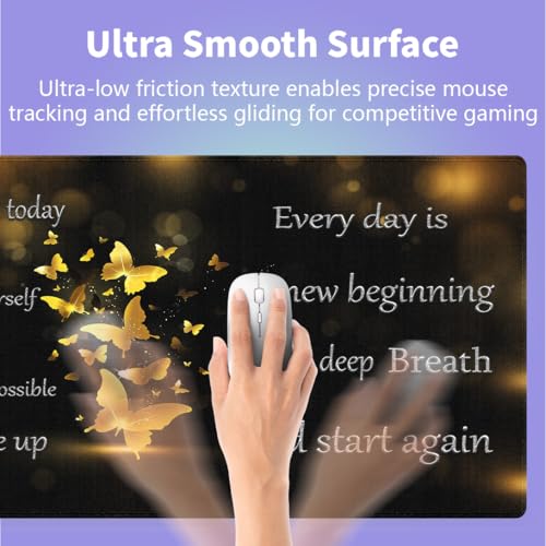 Large Gaming Mouse Pad (31.5" x 15.8")- Inspirational Quotes for a New Beginning Gold Butterflies, Extra XXL Office Accessories, Premium Stitched Anti-Slip Office Desk Mat - color: Golden Glitter