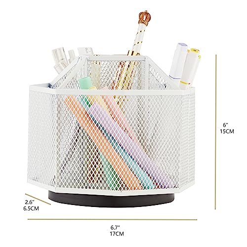 Annova Mesh Desk Organizer Rotate with 5 Compartments Spinning Tidy Candy/Pen Holder Office, Art Supply, Storage, Classroom, Home (White) - color: White