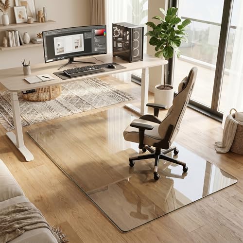 Tempered Glass Chair Mat for Hardwood Floor, 36" x 55" Heavy Duty Glass Office Chair Mat, for Low Pile Carpet, 0.2" Thick with 4 Non-Slip Pads, Smooth Rolling for Home & Office - size: 36" x 55"