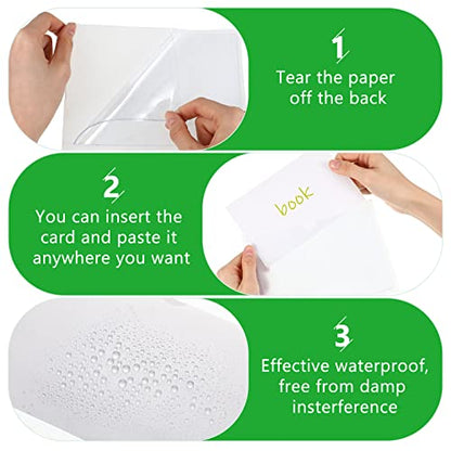 Outus 100 Pcs Index Card Pockets, 4 Sizes Clear Self Adhesive Labels Pocket for Business, Plastic Label Sleeves with Top Open for Organizing Storage Bins Library Card Shelves Scrapbooks - size: 4 Sizes