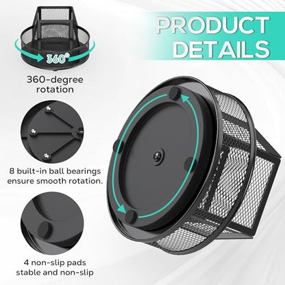 YINGHUA Metal Mesh Desk Organizer with 5 Compartments and Rotating Pencil Holder Pen and Stationery Organizer for Office Home School Anti Slip Base Black - color: Black