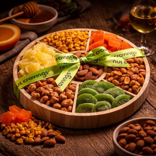NUT CRAVINGS - Dried Fruit & Mixed Nuts Gift Basket in Reusable Round Wooden Tray + Ribbon (7 Assortments) Food Arrangement, Healthy Snack Care Package, Kosher Treats for Adults - style: 6. Dried Fruits & Nuts Round Wooden Tray