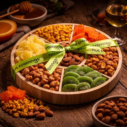 NUT CRAVINGS - Dried Fruit & Mixed Nuts Gift Basket in Reusable Round Wooden Tray + Ribbon (7 Assortments) Food Arrangement, Healthy Snack Care Package, Kosher Treats for Adults - style: 6. Dried Fruits & Nuts Round Wooden Tray
