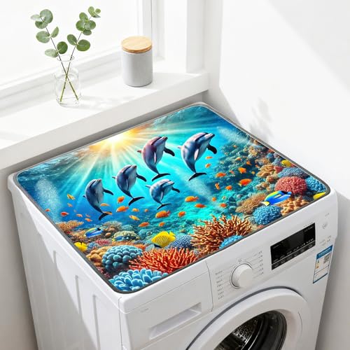 Nuxovilar Underwater Dolphins & Coral Reef Dryer Cover for the Top, Non-slip Washer & Dryer Protector, 23.62"x19.68" Dust-proof Washing Machine Mat, Diatom Mud Polyester Top Pad for Laundry Room - color: YHC00305