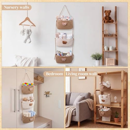 FoldTier Over the Door Hanging Basket 3 Tier Wall Mounted Organizer Bag with Bear Decoration Woven Cotton Boho Storage Hanging Nursery Baskets with Hooks for Nursery Living Room Bedroom Kitchen