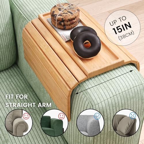 2 Pack Sofa Arm Tray,Bamboo Folding Couch Arm Tray,Sofa Armrest Tray with Anti-Slip Pad for Drinks,Snacks,Phone,Remote Control（Natural） - color: Natural