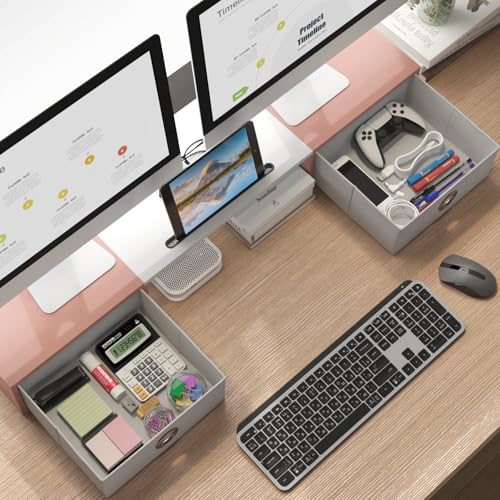 WESTREE Dual Monitor Stand Riser with Two Drawers, Extra Large Storage Monitor Stand for 2 Monitors, Desktop Oraganizer Stand for Computer,Laptop,Screen,Printer,TV - color: Pink