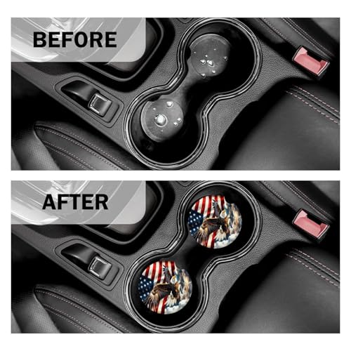 American Flag Car Coasters for Cup Holder Set of 2 Eagle Absorbent Ceramic Cup Coaster 2.63" Non-Slip Cork Base Drink Coasters with Finger Notch Car Accessories Interior - color: Eagle
