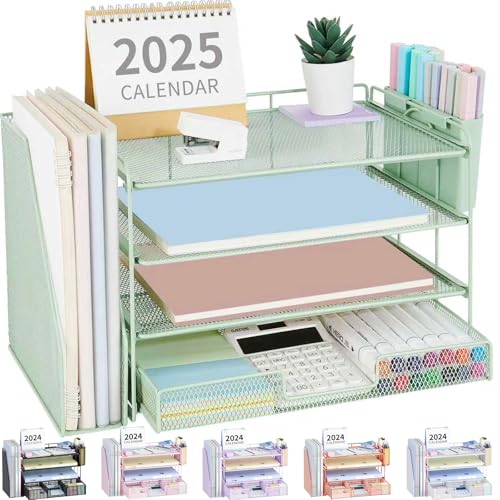 OPNICE Desk Organizer, 4-Tier Desktop File Organizer with Drawer and Pen Holders, Office Desk Accessories, File Sorters, Workspace Organizers for Office Supplies(Green) - color: Green, size: 4-tier