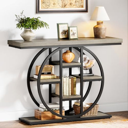 Celaform 41" Console Table, 4-Tier Entryway Table with Circle Base, Industrial Narrow Wood Sofa Accent Tables with Storage Shelves for Living Room, Hallway, Foyer (Grey) - color: Grey