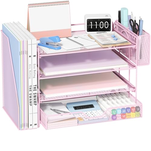 OPNICE Desk Organizer, 4-Tier Desktop File Organizer with Drawer and Pen Holders, Office Desk Accessories, File Sorters, Workspace Organizers for Office Supplies(Pink) - color: Pink - Metal Pen Holder, size: 4-tier