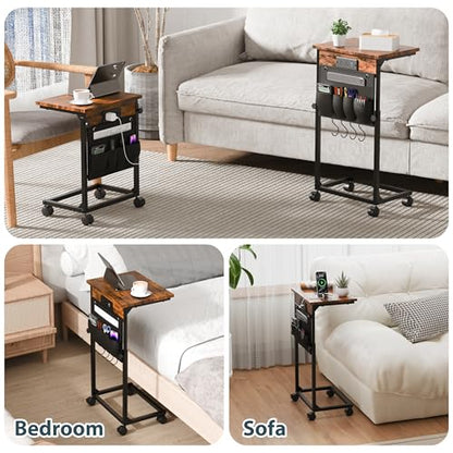 Adjustable Height Couch Table with USB-C Charging Station & Pocket Storage – Compact Couch Stand with Hooks & Wheels for Small Spaces & Living Room, Adjustable C Table (Rustic Brown) - color: Rustic Brown