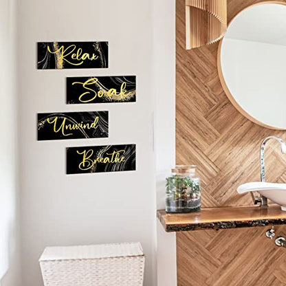 Yulejo 4 Pcs Black and Gold Bathroom Decor Black Gold Wall Decor Relax Soak Unwind Breathe Wall Art Wooden Sign Rustic Marble Bathroom Accessories for Women Living Room Bedroom Home Laundry (10 x 4)