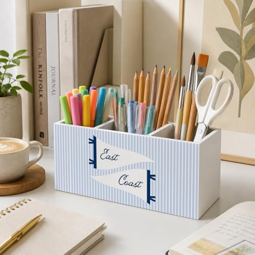 Blue East Coast Beach Pen Holder for Desk, Coastal Cowgirl Wooden Box Sign Desk Decor for Home Office Dorm, Beachy Toothbrush Holder Organizer for Bathroom Accessories - color: Blue East Coast