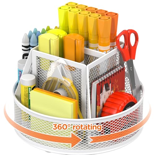 Docnest 360° Rotating Pen Holder,Heavy-Duty Metal Mesh Desk Organizer with 6 Compartments for Pencils,Scissors & Markers –Space Saving Office Supply for Teachers, Students & Home Desk-White - color: White