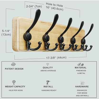 Dseap Coat Rack Wall Mounted - 5 Tri Hooks, Heavy Duty, Wooden Wall Coat Hanger Coat Hook for Clothes Hat Jacket Clothing, Black - color: Black, size: L=17.4"