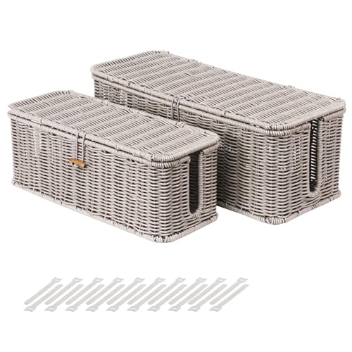 BROWNLILY Cable Management Box, Rattan Style Cord Organizer for Desk Cord Hider Outlet Covers for Power Strip TV PC Router Charger Under Desk Storage with Lockable Lid and Cable Ties - color: Gray, size: Set (L+M)
