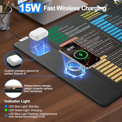 Excel Cheat Sheet Mouse Pad with Magnetic Wireless Charger, 31.5"x15.8" Extended Excel Shortcuts Desk Pad, Waterproof Ultra-Smooth Keyboard Mat, Non-Slip Base - color: Black-Excel Formulas-31.5"x15.8"
