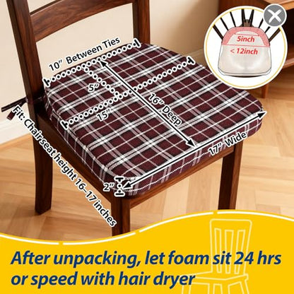 AAAAAcessories D-Shaped Chair Cushions, 2" Thick Dining Chair Pads with Ties and Removable, Machine-Washable Cover, 17" x 16", Set of 2, Red Checkered - color: Red Checkered, size: 2 Count(Pack of 1)