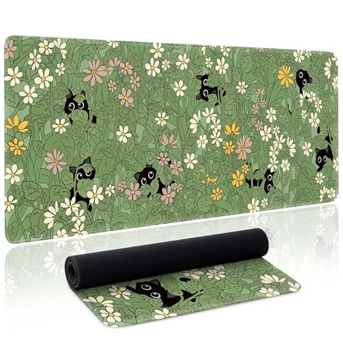 Cute Cat Mouse Pad Large Green Desk Mat Extended Keyboard Mouse Pad Kawaii Mousepad with Non-Slip Base and Stitched Edge Plant Mouse Mat Desk Pad 31.5 x 11.8 in Mouse Pads for Decor Home Office Gaming - color: Green Plant Cat