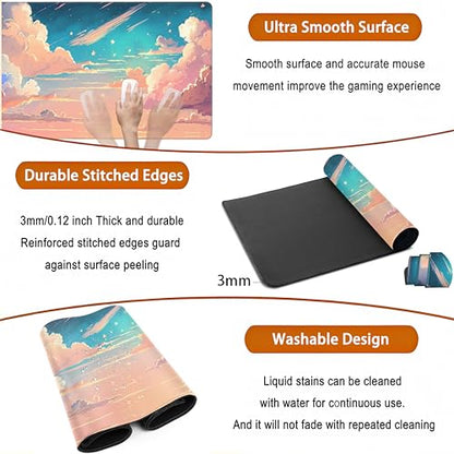 Cool Pink Desk Mat Pastel Clouds Large XXL Gaming Mouse Pad Non-Slip Rubber Base Mousepad, Office Desktop Decor Desk Pad, Computer Laptop Keyboard and Mouse Mat with Stitched Edges, 31.5x15.75 in - color: Pastel Pink Clouds