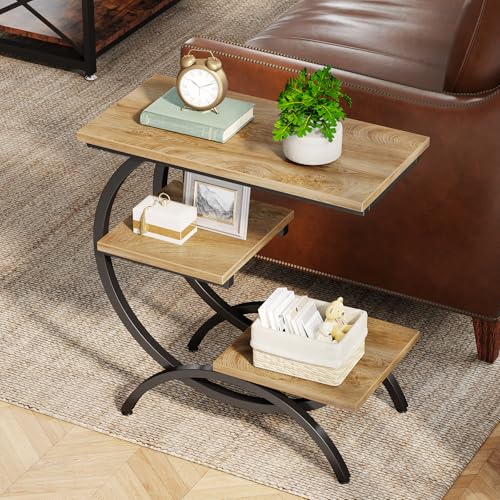 Tribesigns C-Shaped End Table, 3-Tier Industrial Sofa Side Table with Curved Metal Frame for Living Room, Bedroom, Couch, Small Space, Light Brown - color: Light Brown