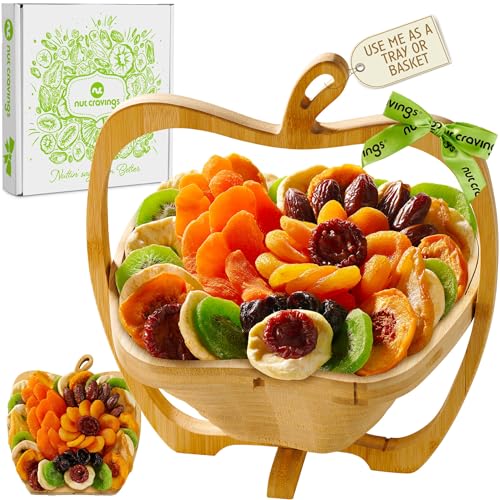 NUT CRAVINGS - Dried Fruit Flower Bouquet Arrangement in Wooden Apple-Shaped Gift Basket + Tray (9 Assortment) Healthy Snack Care Package - style: 3. Wooden Apple Fruit Basket - Flower Arrangement
