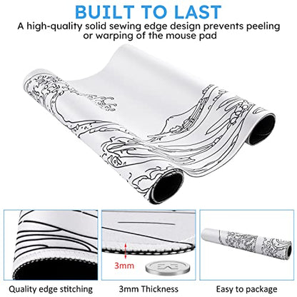 iCasso White Mouse Pad, Extended Gaming Mouse Pad (35.4x15.7 in), Large Stable Rubber Base Mousepad with Stitched Edges, Keyboard Mouse Mat Desk Pad for Work, Game, Office, Home - color: White Wave of Kanagawa