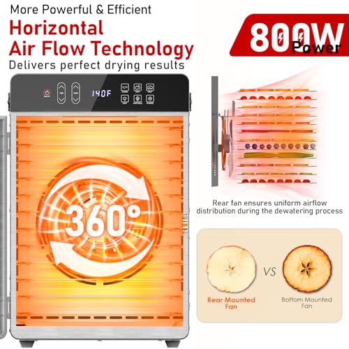 Food Dehydrator, 12 Stainless Steel Trays, 800W Electric Dehydrator Machine with Digital Timer & 194℉ Temp Control, 4 Presets, 10.9ft² Dehydrator for Food and Jerky, Fruit, Herbs, Dog Treats