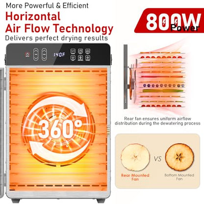 Food Dehydrator, 12 Stainless Steel Trays, 800W Electric Dehydrator Machine with Digital Timer & 194℉ Temp Control, 4 Presets, 10.9ft² Dehydrator for Food and Jerky, Fruit, Herbs, Dog Treats