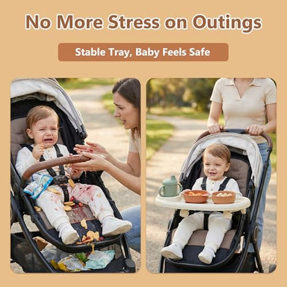 Li&Zhao Universal Stroller Snack Tray 3-in-1 Detachable Stroller Snack Tray Attachment with Secure Phone Holder, Spill-Proof Cup Holders Compartments, Easy-Clean Universal Snack Tray for Stroller - color: D-Beige