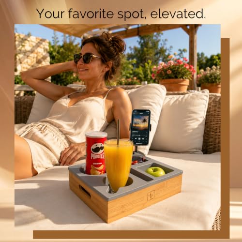 Couch Caddy with Cup Holder | Wood Couch Cup Holder Tray for Drinks, Snacks & Remotes | Sofa Couch Organizer with Phone & Cup Holder Tray (Grey) - color: Grey