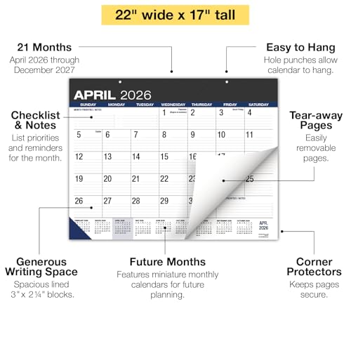 Desk PAD: 22" x 17" Large Print Desk Pad Calendar, APR 2026 - DEC 2027, 21 Months, (Black) - color: Black