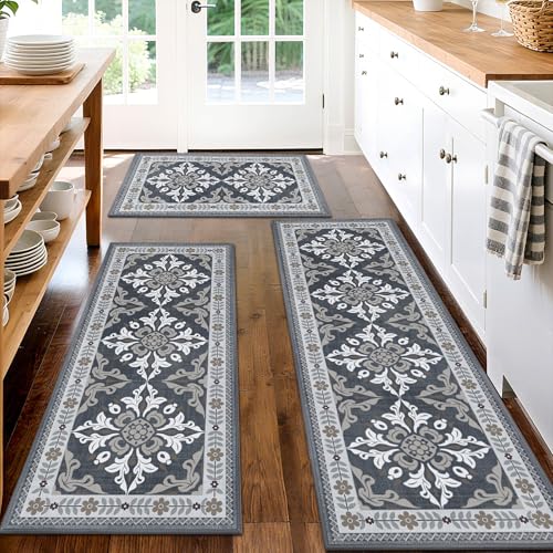 3-Piece Kitchen Rugs, Non-Slip & Washable Floor Mats, Water-Absorbent Area Pad, Standing Desk Mat for Office, Home, Doorway, Laundry, Kitchen Accessories (Grey) - color: Grey, size: 20"x32"+20"x48"+20"x59"